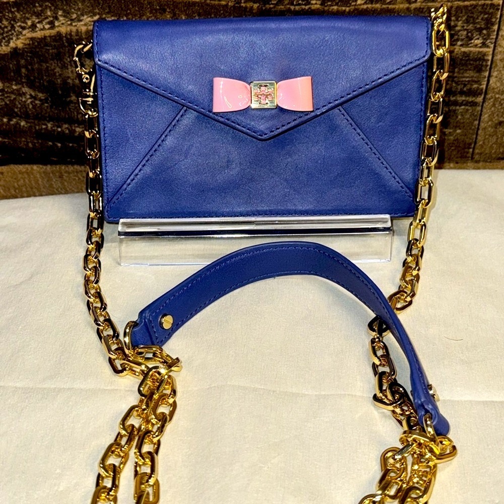 Tory Burch Blue Leather Mini Crossbody with Pink Bow and Gold Chain